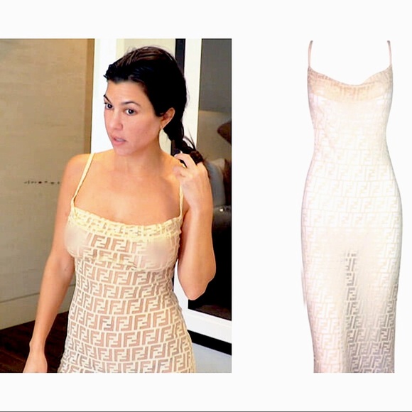 Fendi Vintage Embossed Logo Sheer Nylon FF Monogram Logo Dress Nude Cream - Picture 13 of 17